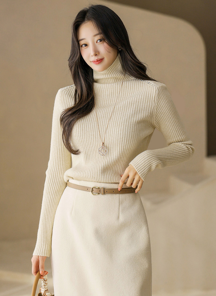 (4 Colors) Grace Pearl Shoulder Ribbed Turtleneck Knit-copy